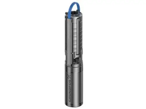 Unterwasserpumpe in silberner Ausführung von Grundfos. Zylindrische Form mit blauer Schlauchverbindung oben. Sichtbare Innenteile und Anordnung der Elektroteile.